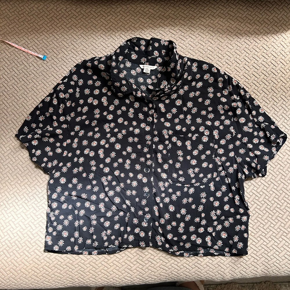 American Eagle Black Shirt with White Floral Design